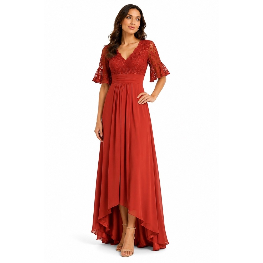JAEDEN Rust Orange Lace Chiffon‎ High Low Gown Bell Sleeve V Neck New Size 4